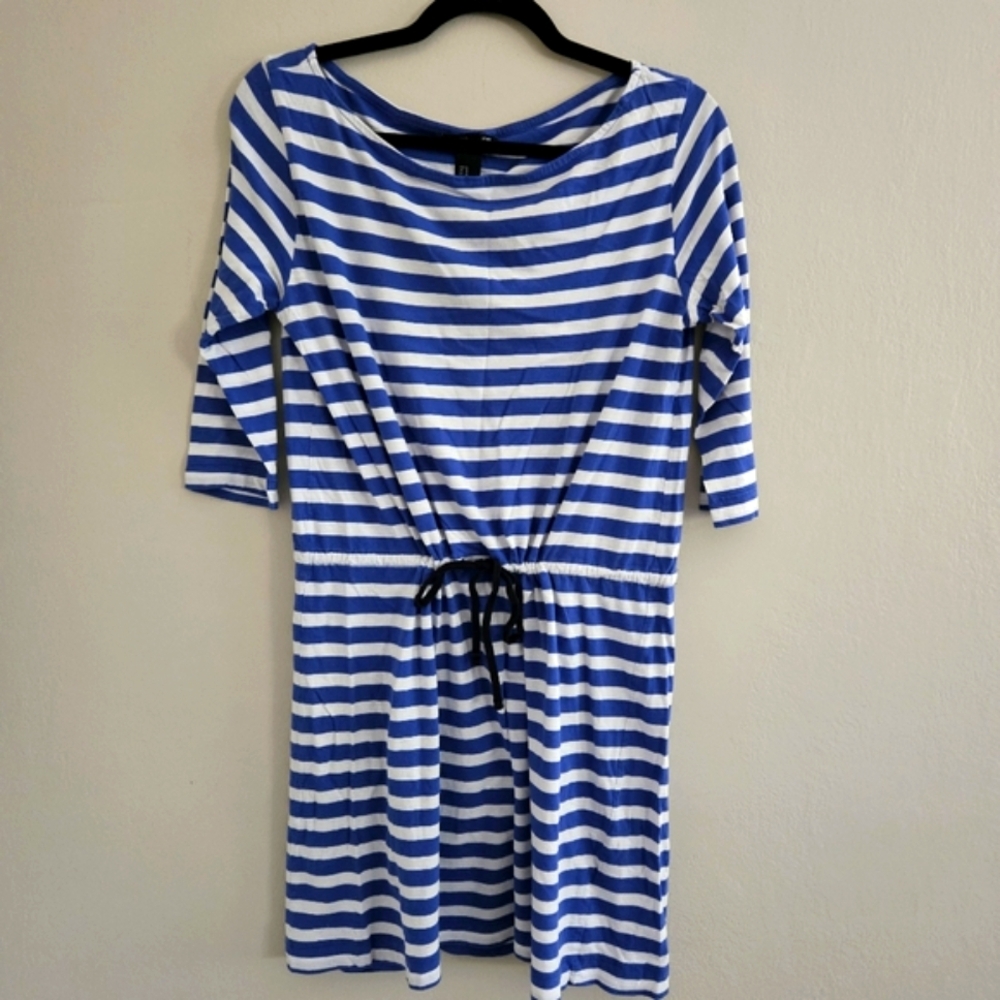 H&M Blue White Horizontal Striped Dress 100% Cotton Drawstring Wide Neck Medium